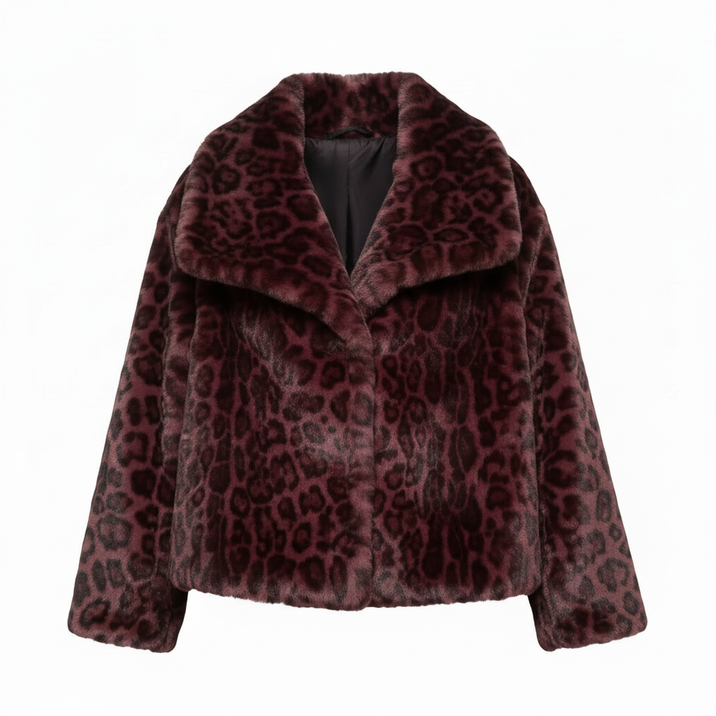 Veste fausse fourrure léopard bordeaux sans boutons - fond blanc