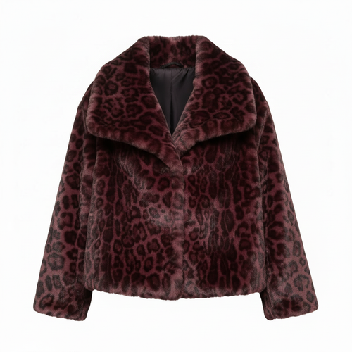 Veste fausse fourrure léopard bordeaux sans boutons - fond blanc